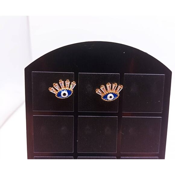 Evil Eye Stud Earrings with CZ Eyelashes Gold Tone Enamel Fashion Jewelry New - Picture 1 of 2
